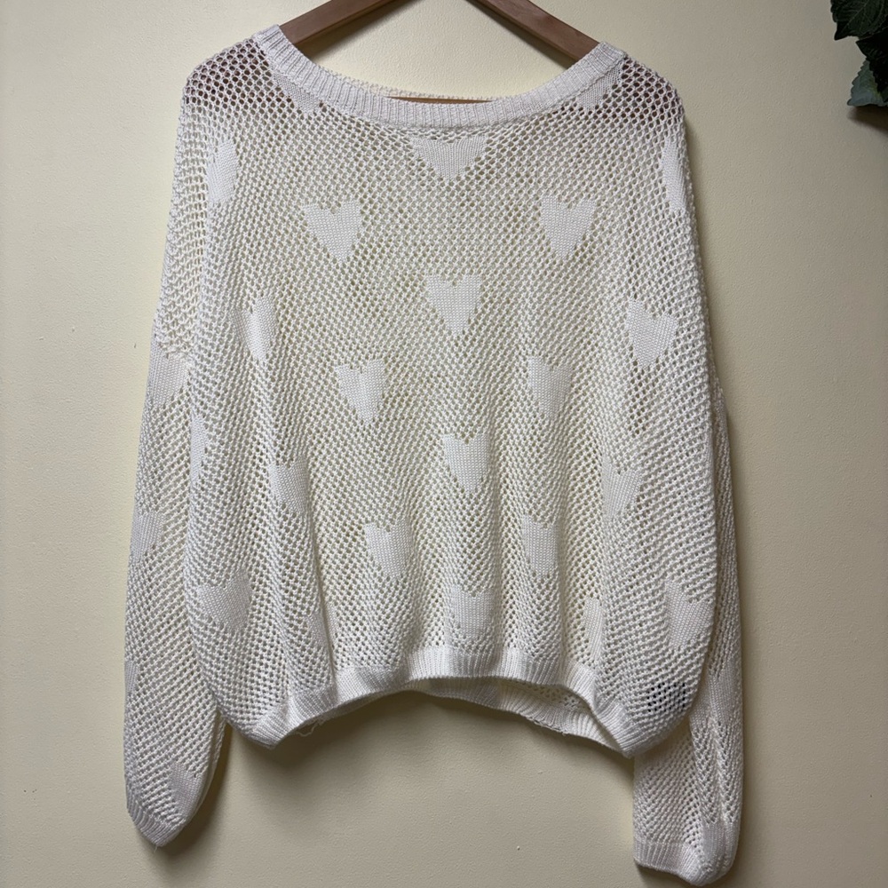 POL White Open-Knit Heart Sweater